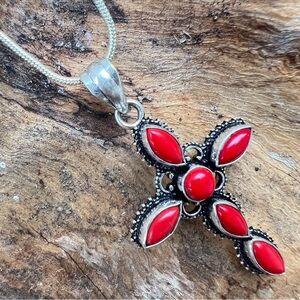 925 Sterling Silver Coral Gemstone Cross Necklace Womens Jewelry